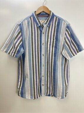 FatFace Men's Button-Down Short Sleeve Shirt in Blue Multi-Stripe